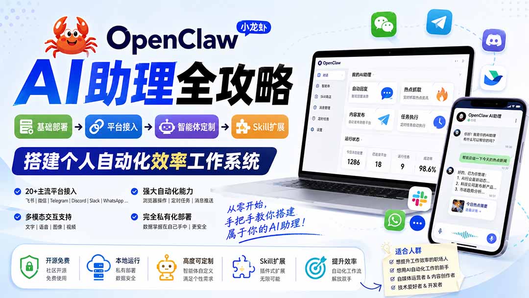 OpenClaw小龙虾 AI助理全攻略：基础部署→平台接入→智能体定制→Skill扩展，搭建个人自动化效率工作系统-云网创