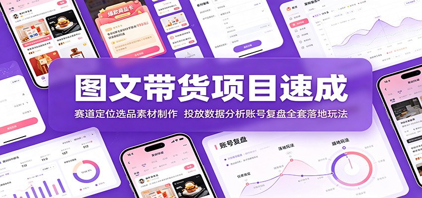 图文带货项目速成：赛道定位选品素材制作，投放数据分析账号复盘全套落地玩法-云网创