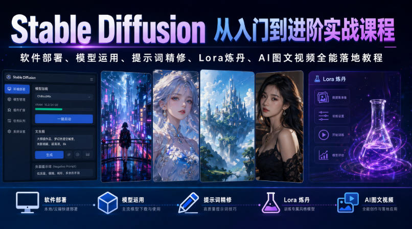 Stable Diffusion从入门到进阶实战课程|软件部署、模型运用、提示词精修、Lora炼丹、AI图文视频全能落地教程-海桐网创