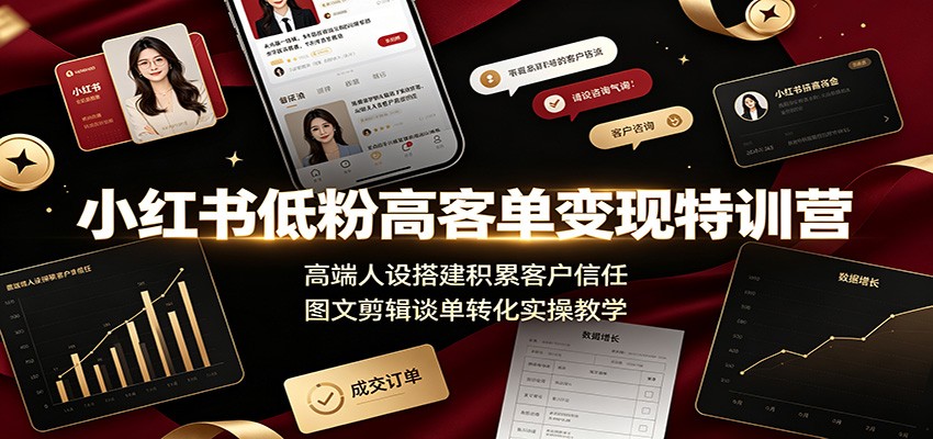 小红书低粉高客单变现特训营：高端人设搭建积累客户信任，图文剪辑谈单转化实操教学-海桐网创