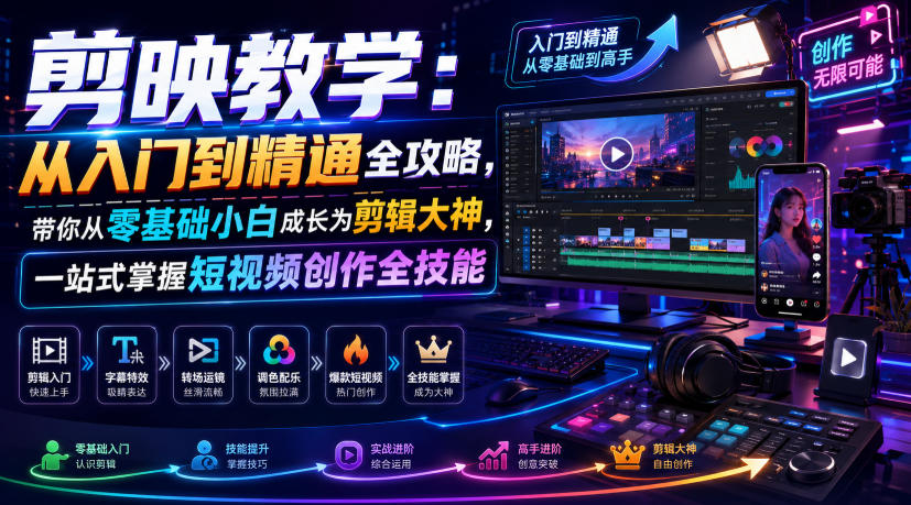 剪映教学：从入门到精通全攻略，带你从零基础小白成长为剪辑大神，一站式掌握短视频创作全技能-海桐网创