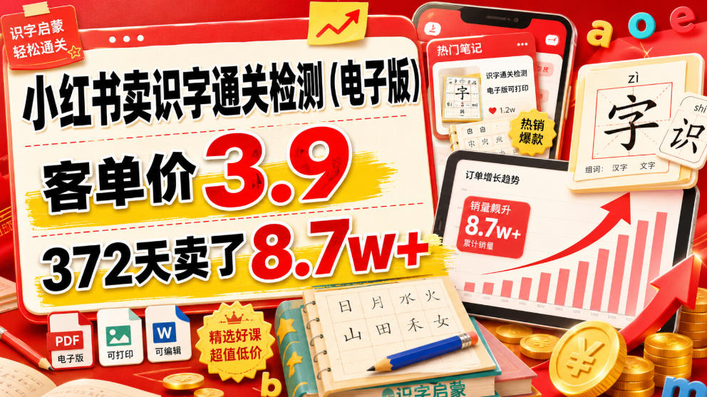 小红书卖识字通关检测(电子版)，客单价3.9，372天卖了8.7w+-海桐网创