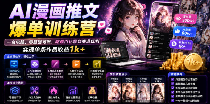AI漫画推文爆单训练营，一台电脑，零基础可做，吃透百亿推文赛道红利，实现单条作品收益1k+-海桐网创