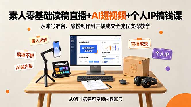 素人零基础读稿直播+AI短视频+个人IP搞钱课，从账号准备、涨粉制作到开播成交全流程实操教学-海桐网创