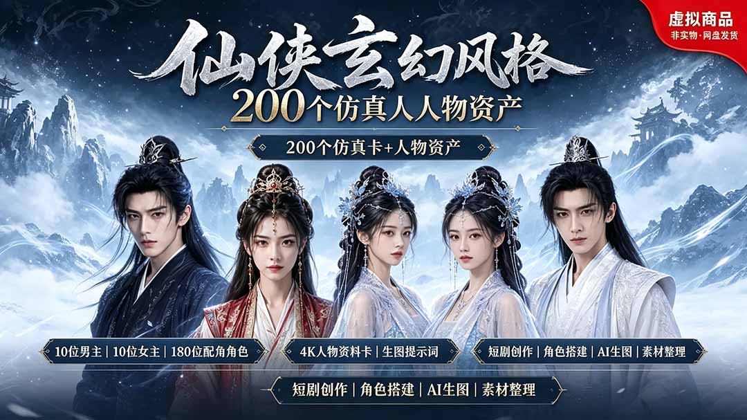 200个仙侠玄幻仿真人素材◆10男主×10女主×180配角，4K资料卡+AI生图提示词，漫剧必备-海桐网创