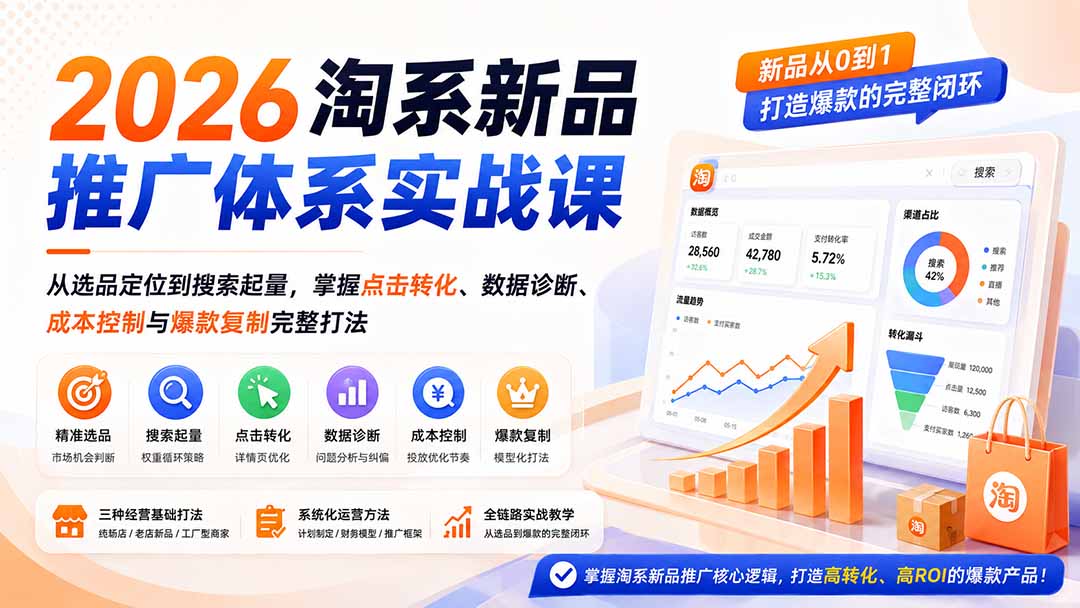 2026淘系新品推广体系实战课：从选品定位到搜索起量，掌握点击转化、数据诊断、成本控制与爆款复制完整打法-海桐网创