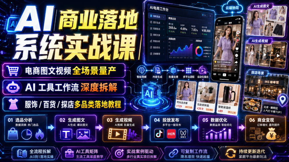 AI商业落地系统实战课｜电商图文视频全场景量产・AI工具工作流深度拆解・服饰/百货/探店多品类落地教程-海桐网创
