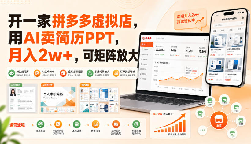 开一家拼多多虚拟店，用AI卖简历PPT，月入2w+，可矩阵放大【揭秘】-海桐网创