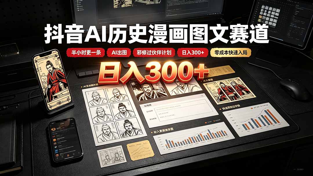 抖音AI历史漫画图文赛道：半小时更一条×AI出图×邪修过伙伴计划×日入300+，零成本快速入局-海桐网创
