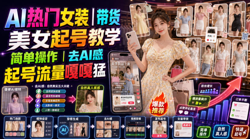 AI热门女装带货丨美女起号教学，简单操作，去AI感，起号流量嘎嘎猛-海桐网创