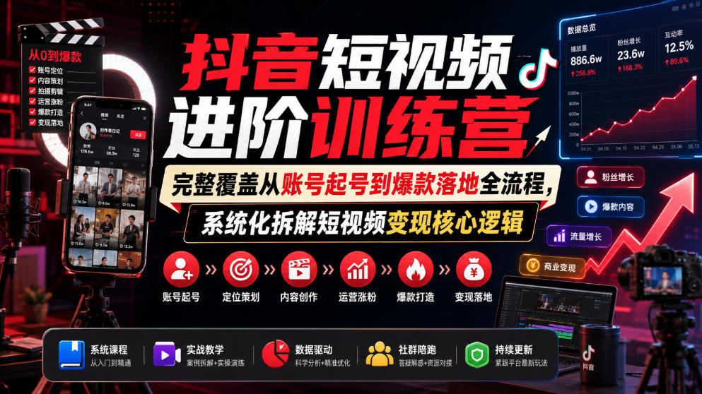 抖音短视频进阶训练营，完整覆盖从账号起号到爆款落地全流程，系统化拆解短视频变现核心逻辑-海桐网创