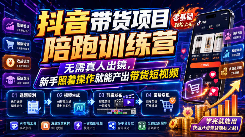 抖音带货项目陪跑训练营，无需真人出镜，新手照着操作就能产出带货短视频-海桐网创