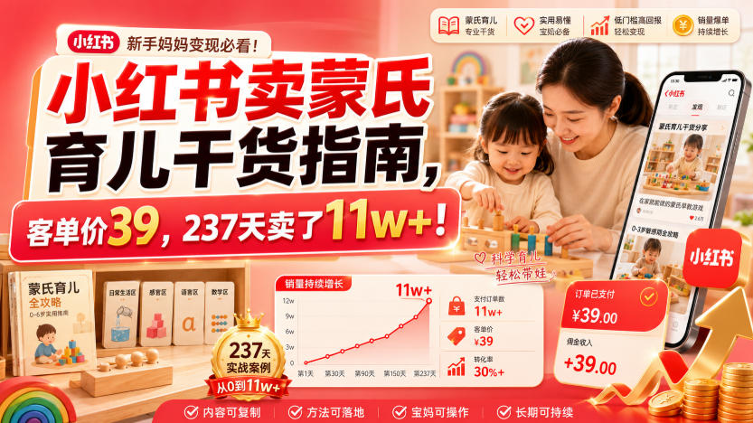 小红书卖蒙氏育儿干货指南，客单价39，237天卖了11w+！-海桐网创