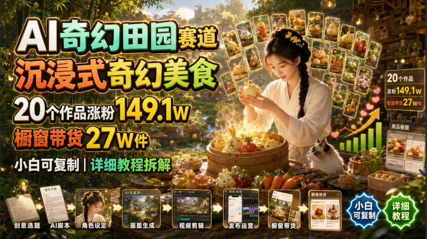 AI奇幻田园赛道，沉浸式奇幻美食，20个作品涨粉149.1W，橱窗带货27W件，小白可复制，详细教程拆解-海桐网创