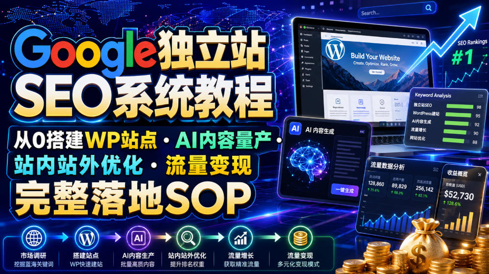 Google独立站SEO系统教程，从0搭建WP站点・AI内容量产・站内站外优化・流量变现完整落地SOP(2026年7月)-海桐网创