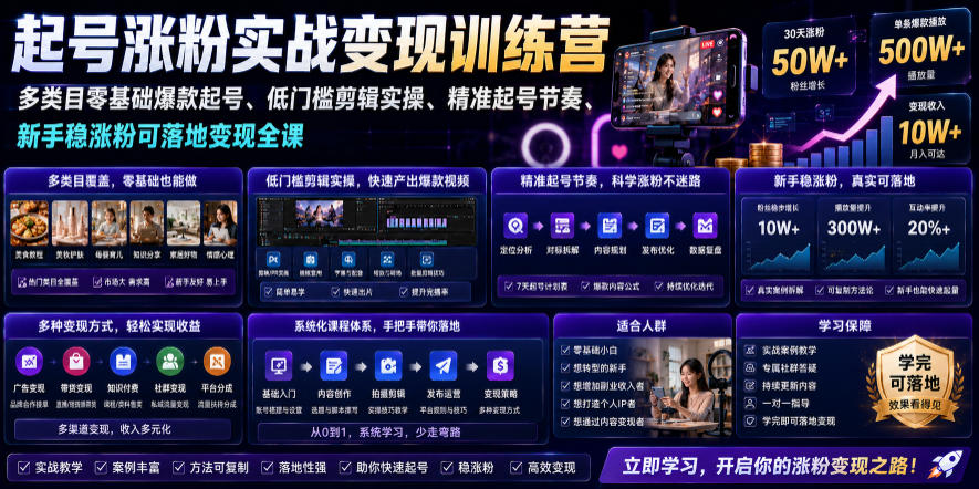 苗子起号涨粉实战变现训练营，多类目零基础爆款起号、精准起号节奏、新手稳涨粉可落地变现全课(更新0719)-海桐网创
