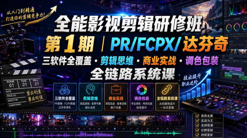 全能影视剪辑研修班第1期｜PR/FCPX/达芬奇三软件全覆盖・剪辑思维・商业实战・调色包装全链路系统课-海桐网创
