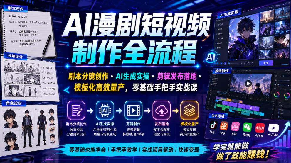 AI漫剧短视频制作全流程｜剧本分镜创作・AI生成实操・剪辑发布落地・模板化高效量产，零基础手把手实战课-海桐网创