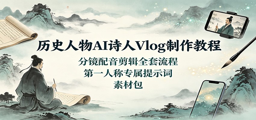 历史人物AI诗人Vlog制作教程：分镜配音剪辑全套流程，第一人称专属提示词素材包-海桐网创