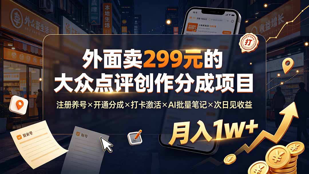 外面卖299元的大众点评创作分成项目：注册养号×开通分成×打卡激活×AI批量笔记×次日见收益，月入1w+-海桐网创