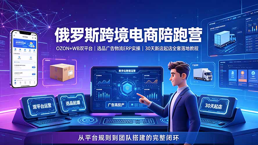 2026俄罗斯跨境电商陪跑营：OZON+WB双平台｜选品广告物流ERP实操｜30天新店起店全套落地教程-云网创