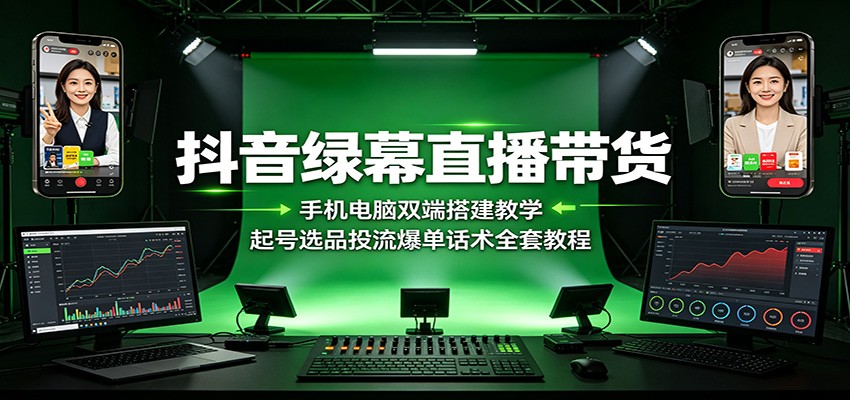 抖音绿幕直播带货：手机电脑双端搭建教学，起号选品投流爆单话术全套教程-海桐网创