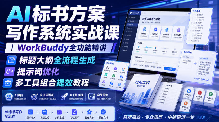 AI标书方案写作系统实战课｜WorkBuddy全功能精讲・标题大纲全流程生成・提示词优化・多工具组合提效教程-海桐网创