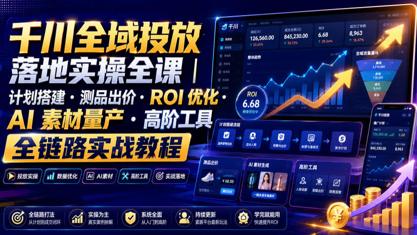 千川全域投放落地实操全课｜计划搭建・测品出价・ROI优化・AI素材量产・高阶工具全链路实战教程-云网创
