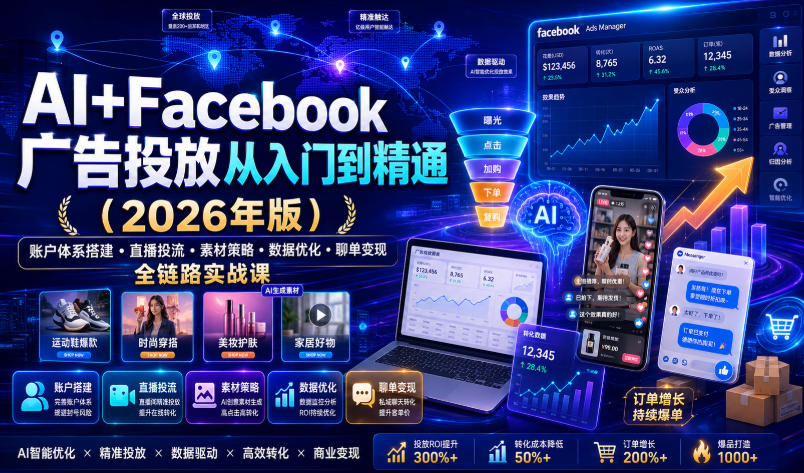 AI+Facebook广告投放从入门到精通(2026年版)｜账户体系搭建・直播投流・素材策略・数据优化・聊单变现全链路实战课-海桐网创
