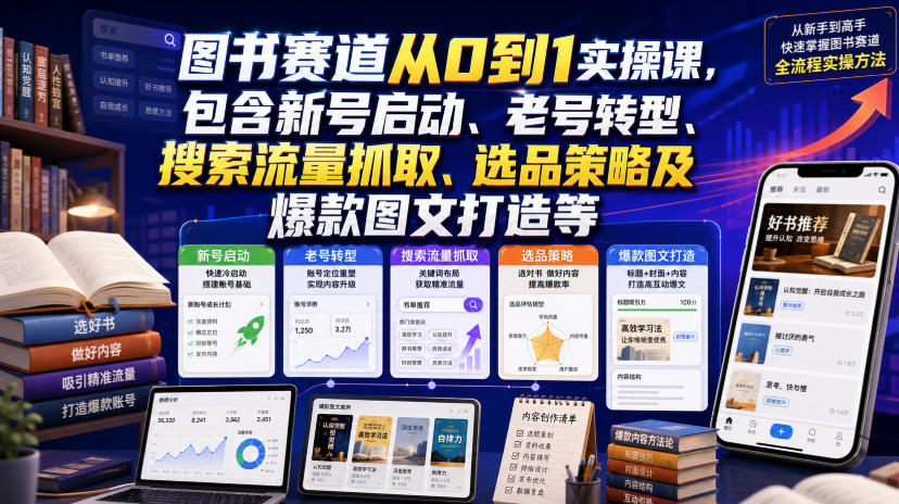 图书赛道从0到1实操课,包含新号启动、老号转型、搜索流量抓取、选品策略及爆款图文打造等-海桐网创