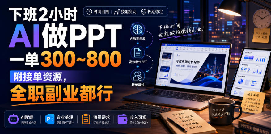 下班2小时AI做PPT,一单300~800,附接单资源,全职副业都行【揭秘】-海桐网创
