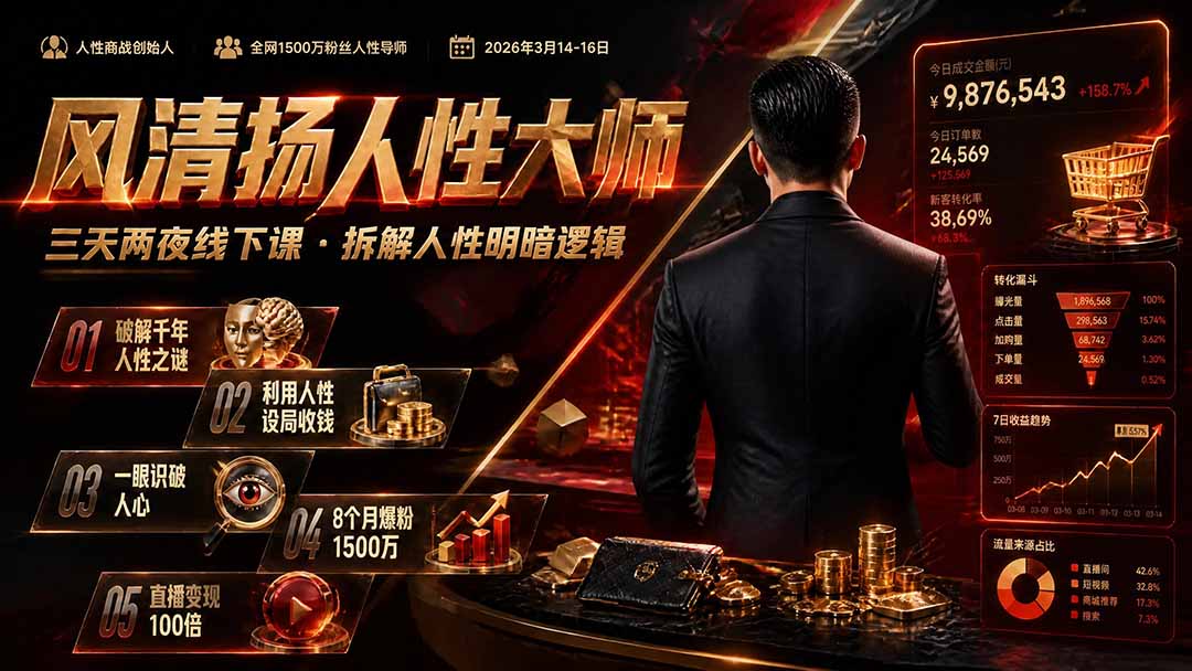 风清扬人性大师-三天两夜3月14-16线下课2026年|拆解人性明暗逻辑,识人避坑,千万粉涨粉+直播百倍变现实战教学-海桐网创