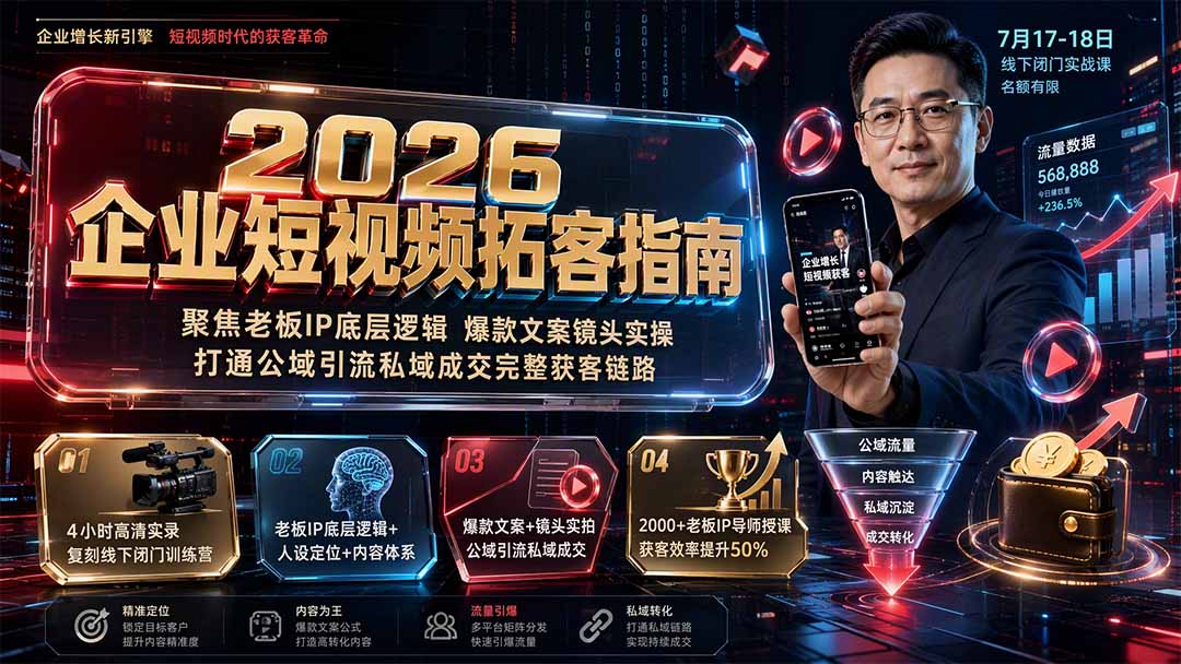 2026企业短视频拓客指南:聚焦老板IP底层逻辑,爆款文案镜头实操,打通公域引流私域成交完整获客链路-海桐网创