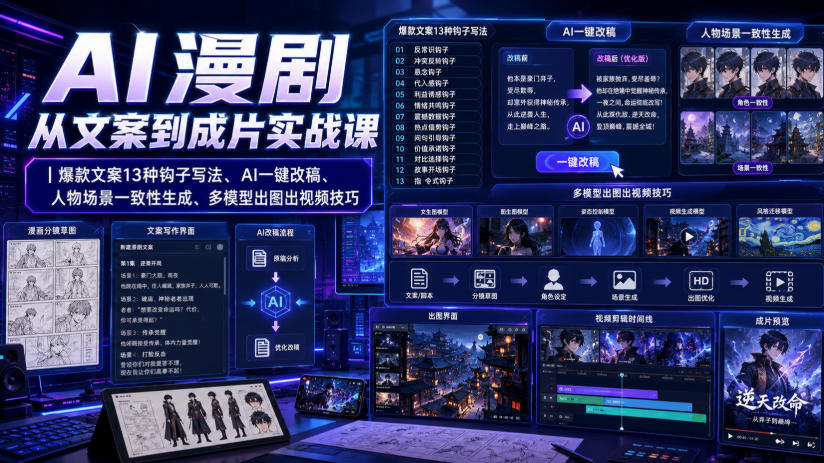 AI漫剧从文案到成片实战课|爆款文案13种钩子写法、AI一键改稿、人物场景一致性生成、多模型出图出视频技巧-海桐网创