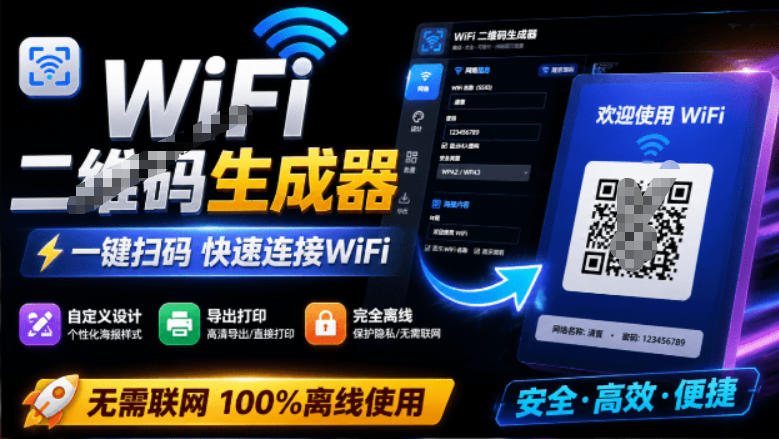 完全离线使用！WiFi二维码生成器，一键扫码快速连接WiFi，支持自定义风格导出WiFi二维码生成器-海桐网创