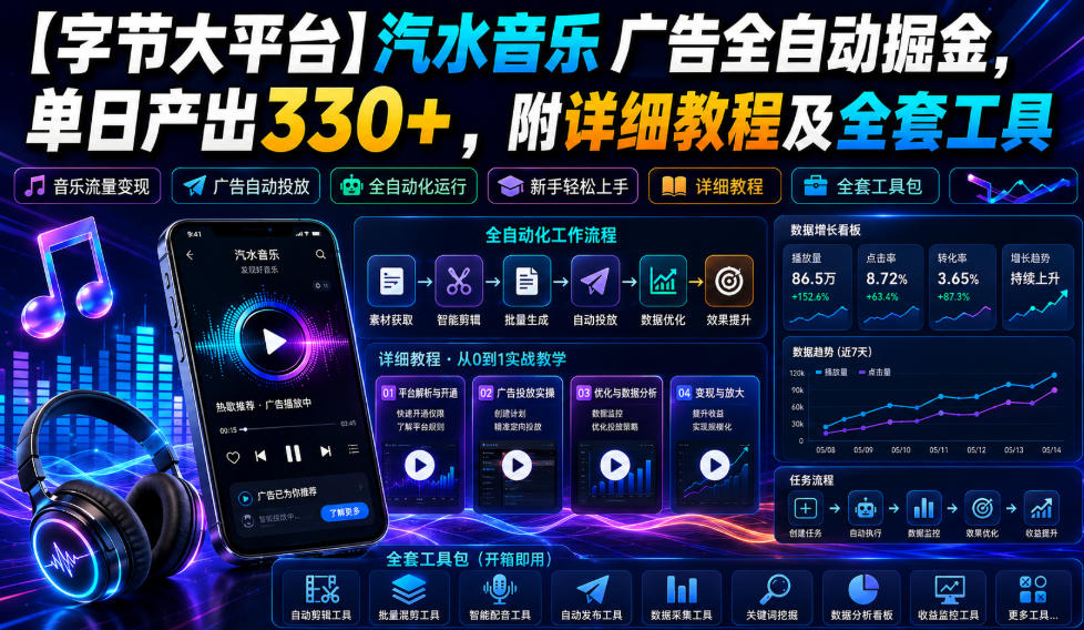 【字节大平台】汽水音乐广告全自动掘金,单日产出330+,附详细教程及全套工具【揭秘】-海桐网创