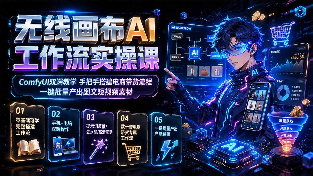 无线画布AI工作流实操课｜ComfyUI双端教学，手把手搭建电商带货流程，一键批量产出图文短视频素材-海桐网创