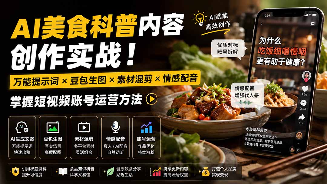 外面卖199元-AI美食科普内容创作实战！万能提示词×豆包生图×素材混剪×情感配音，掌握短视频账号运营方法-海桐网创