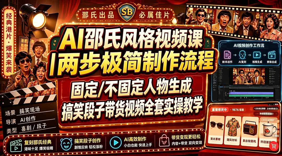 AI邵氏风格视频课|两步极简制作流程,固定/不固定人物生成,搞笑段子带货视频全套实操教学-海桐网创