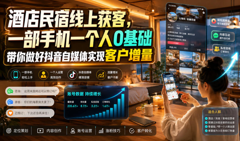 酒店民宿线上获客,一部手机一个人0基础带你做好抖音自媒体实现客户增量-海桐网创