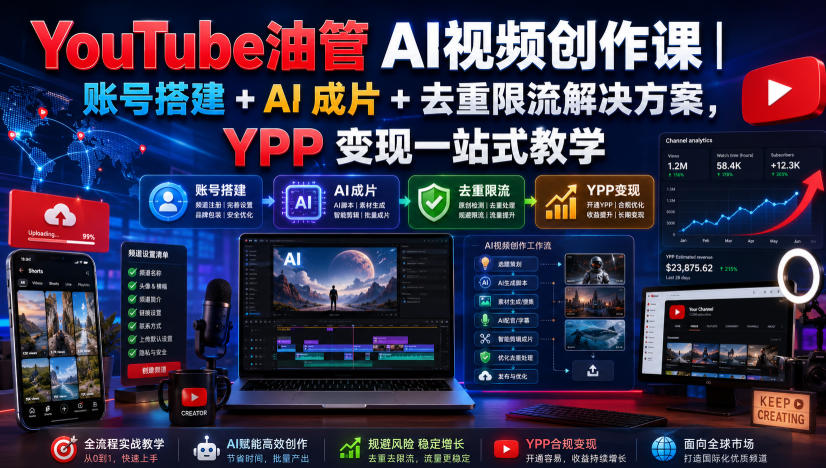 YouTube油管AI视频创作课｜账号搭建+AI成片+去重限流解决方案，YPP变现一站式教学-海桐网创