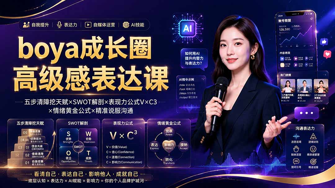 boya成长圈｜内心成长高级表达AI自媒体三合一，消解内耗挖掘天赋，镜头沟通AI指令短视频全流程教学-海桐网创