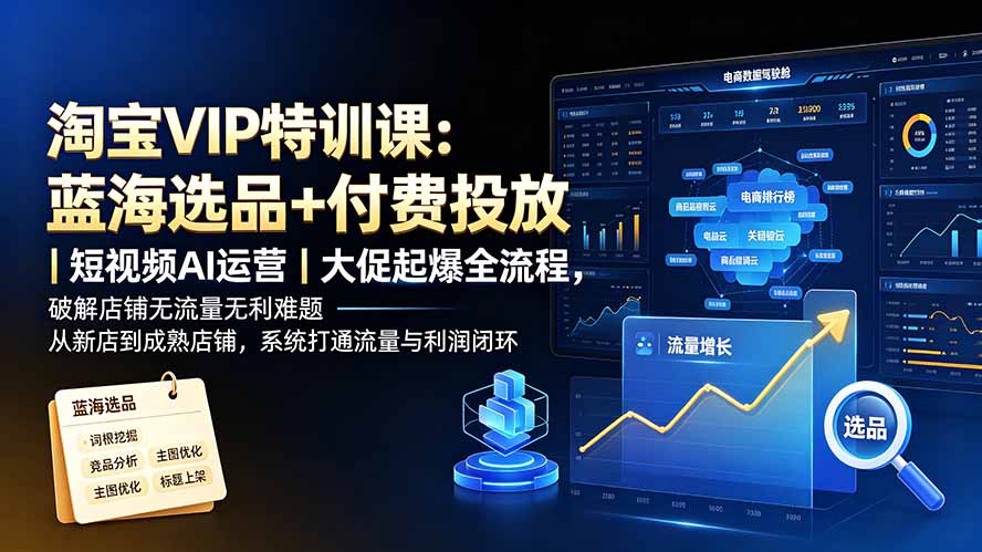 淘宝VIP特训课-更新：蓝海选品+付费投放｜短视频AI运营｜大促起爆全流程，破解店铺无流量无利润难题-海桐网创