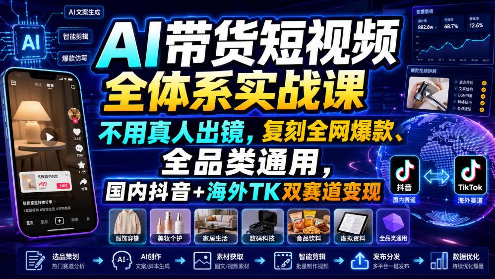 AI带货短视频全体系实战课,不用真人出镜,复刻全网爆款、全品类通用,国内抖音+海外TK双赛道变现-海桐网创