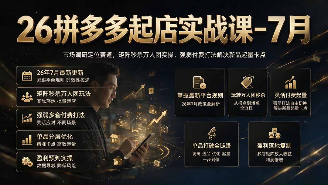26拼多多起店实战课-7月|市场调研定位赛道,矩阵秒杀万人团实操,强弱付费打法解决新品起量卡点-海桐网创