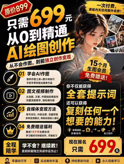 抖音10W粉丝博主的AI绘图教学，从0到精通AI绘图创作，从不会作图到能独立创作变现-海桐网创