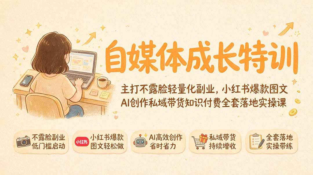 自媒体成长特训|主打不露脸轻量化副业,小红书爆款图文AI创作私域带货知识付费全套落地实操课-海桐网创