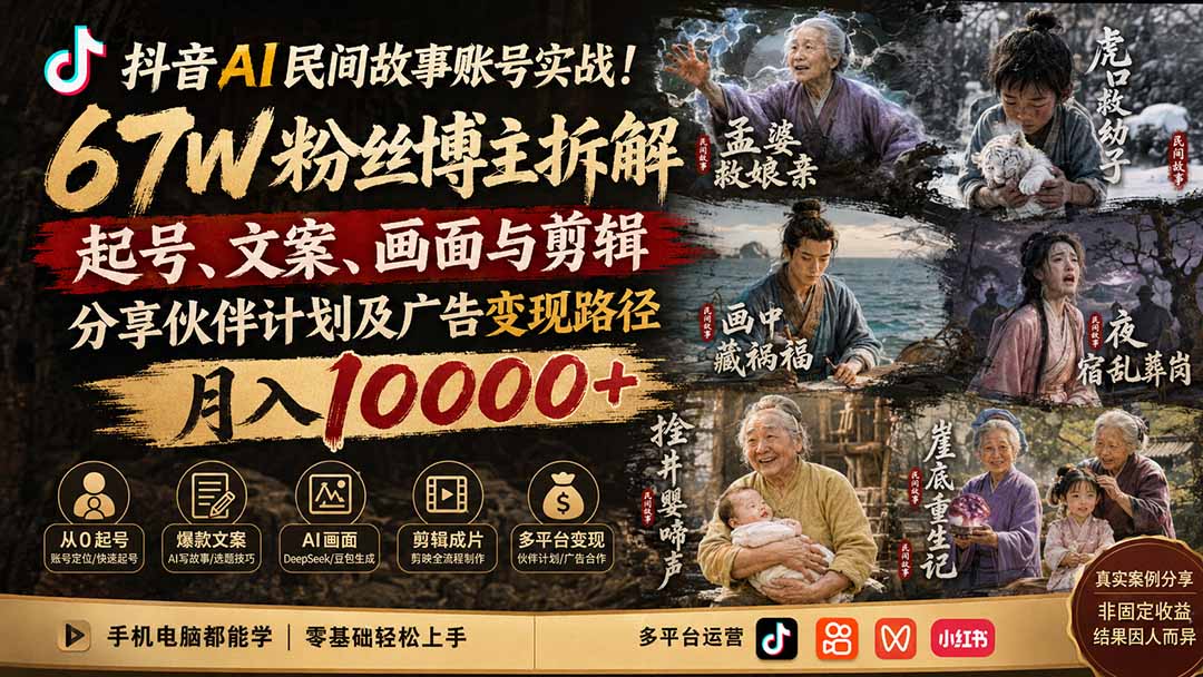 抖音AI民间故事账号实战！67W粉丝博主拆解起号、文案、画面与剪辑，分享伙伴计划及广告变现路径，月入10000+-海桐网创