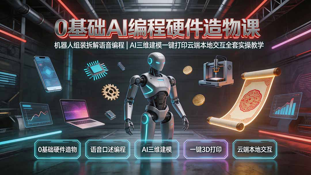 0基础AI编程硬件造物课|机器人组装拆解语音编程,AI三维建模一键打印云端本地交互全套实操教学-海桐网创