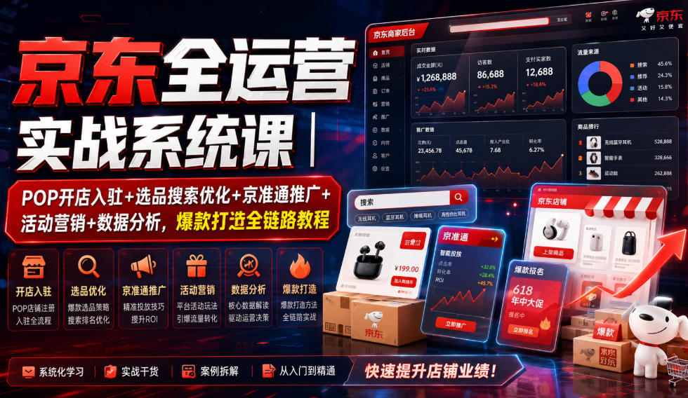京东全运营实战系统课｜POP开店入驻+选品搜索优化+京准通推广+活动营销+数据分析，爆款打造全链路教程-海桐网创